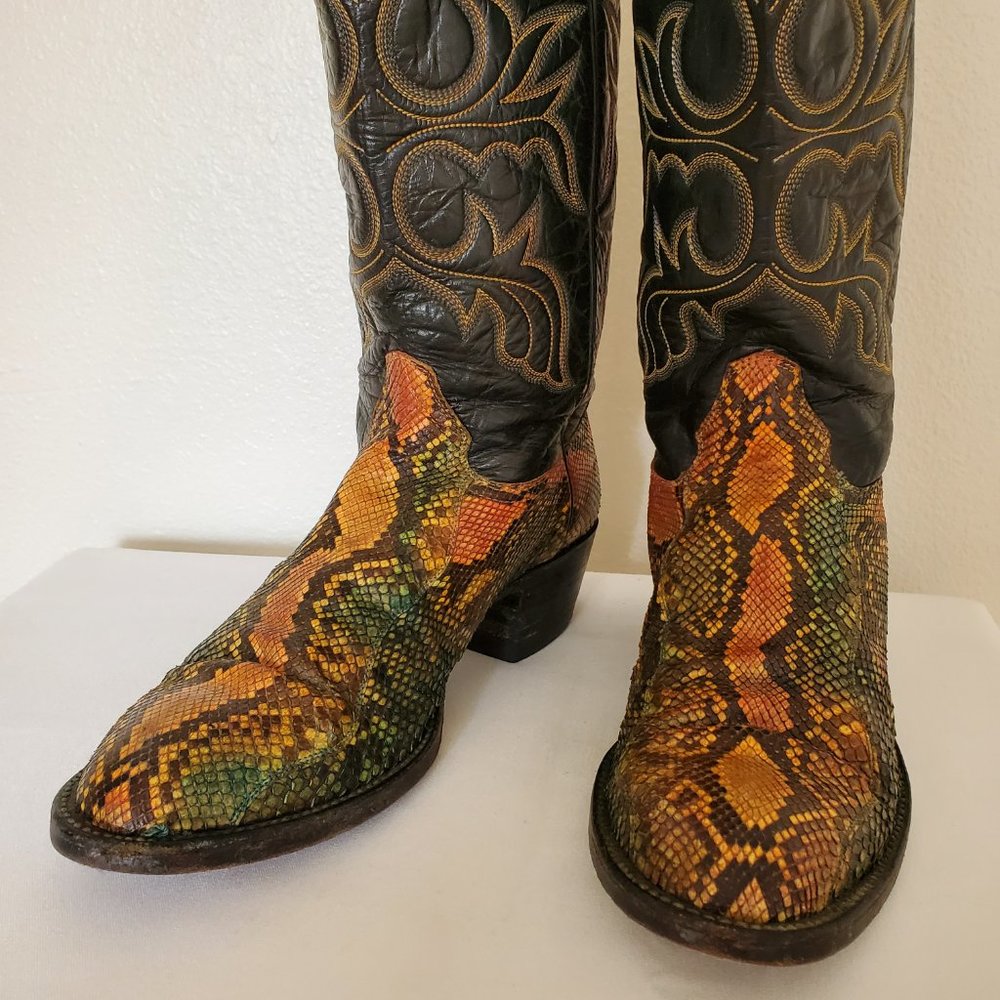 Anaconda 7 1/2 painted green yellow orange black western cowboy boots snakeskin - Picture 4 of 10